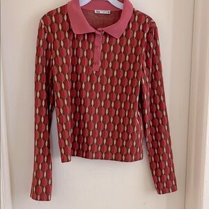 Zara Red and Brown Patterned Long Sleeve Polo
